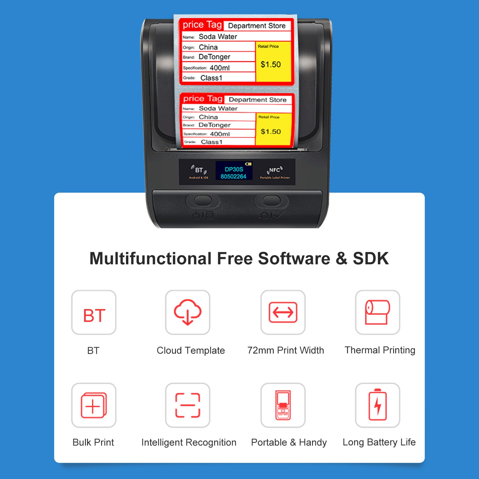 3 Inch Portable Wireless Thermal Printer USB BT NFC DP30 All in One Printer for Price Label Support ESC/POS Command for Retail