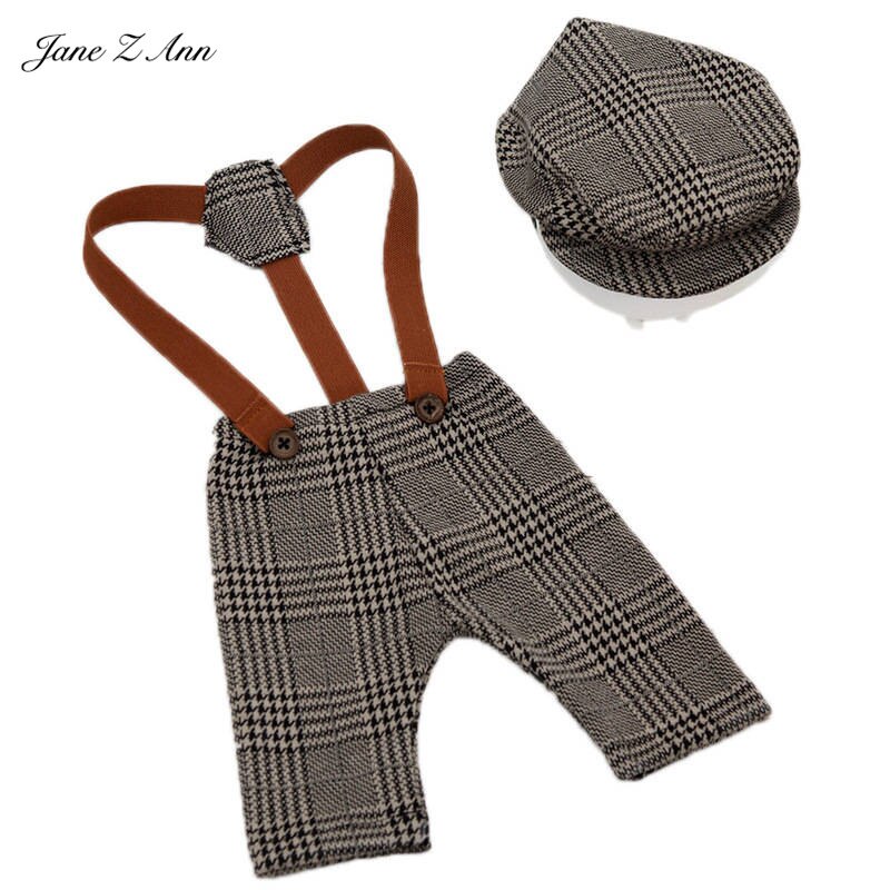 Jane Z Ann Newborn photography clothing props studio pictures taking gentlemen gray brown plaid outfits with hat: Auburn