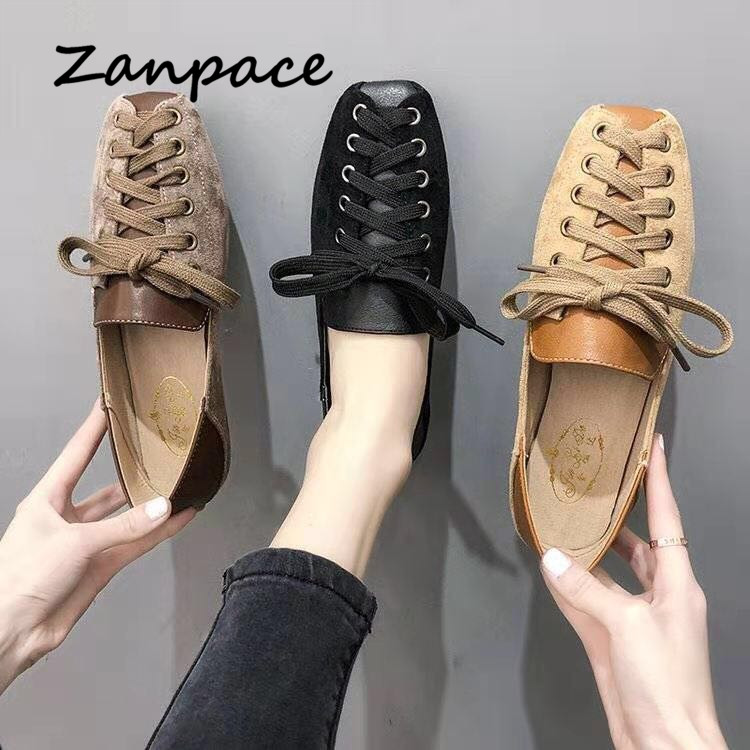 Personality Women Shoes S Spring Lace-Up Casual Loafers Soft Square Toe Flats for Women Shoes Black Loafers Women
