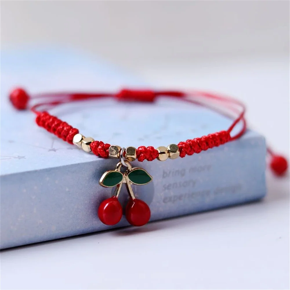Dulce fresa cereza trenzada cuerda de mano DIY pulseras de cuerda roja ajustables para niñas accesorios de joyería: Marrón rojizo