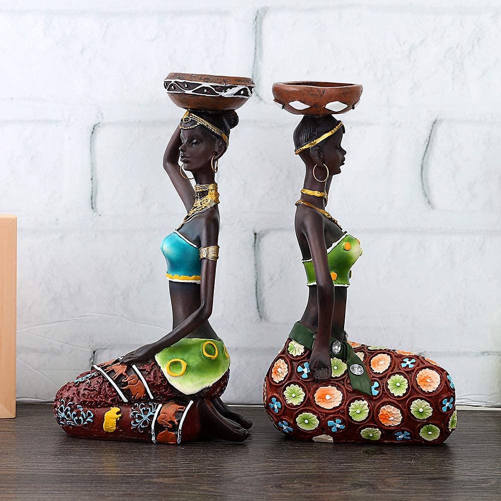 2 pakke afrikanske figurer ,8.5 "kvinder dekorative skulpturer lysestage centerpieces til spisebord tribal lady statue til