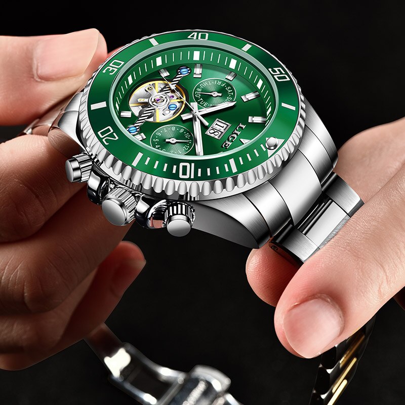 LIGE Marken Männer Automatische Mechanische Tourbillon Uhr Luxus Edelstahl Sport Uhren Herren Uhr Relogio Masculino: Silber- Grün
