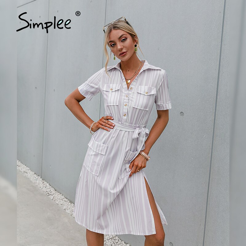 Simplee elegante abito da donna a righe a manica corta 2021 bottone Casual camicia con lacci colletto abiti estivi abiti da donna per ufficio: M