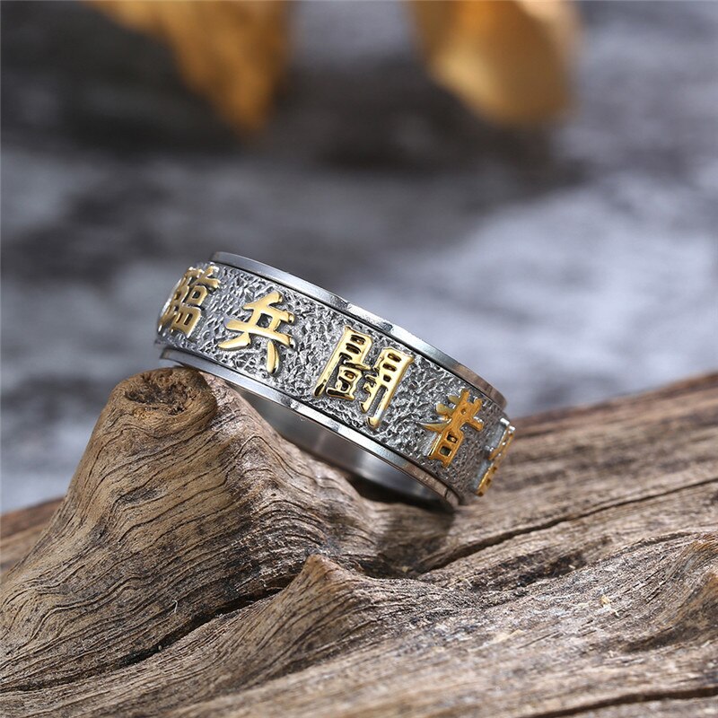 Held og lykke ring mænd kinesisk element taoist ringe vintage titanium stål punk mænd ringe drejelige kinesiske tegn smykker