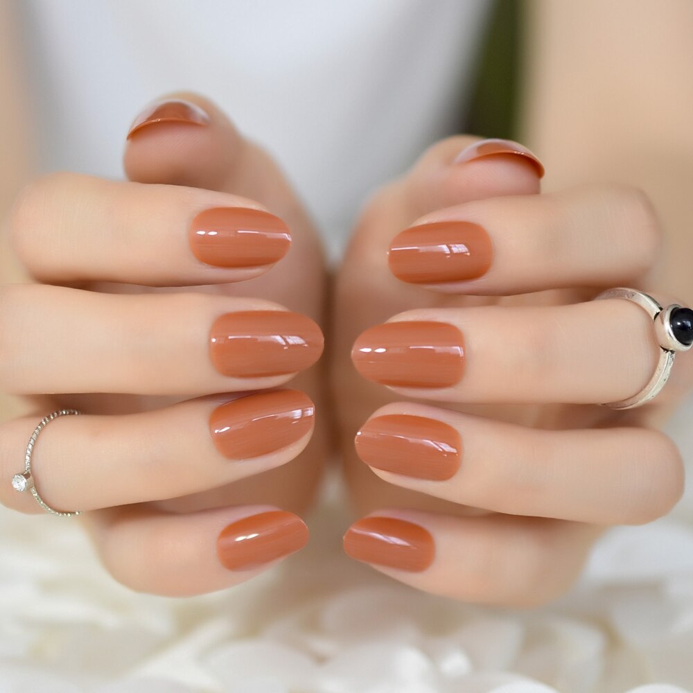 24 pièces chocolat faux ongles court rond bonbon couleur ongles conseils Simple facile bricolage presse sur ongles Salon produit 600X: 600X