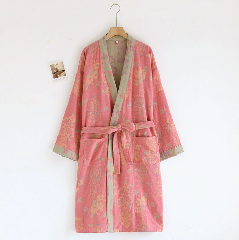 Flerfärgad kimono-badrock dampyjamaskläder för vår och sommar bomull lösa hemsovkläder kimono-rockar med bälte