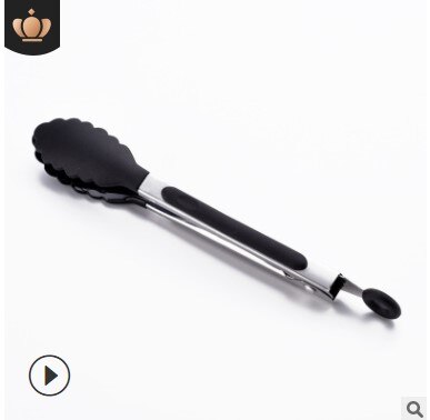 Silicona espaguetis ensalada tostada carne de barbacoa pinzas largas planas herramienta para cocina herramientas de cocina pinzas de comida: Black