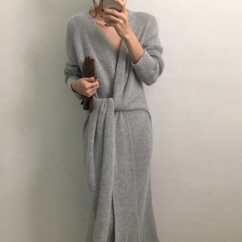 Gordel Kasjmier Trui Sexy V Kneck Vest Gebreide Jurk Herfst Mode Toevallige Effen Kleur Knitwear Elegante Lange Tuniek: Grijs