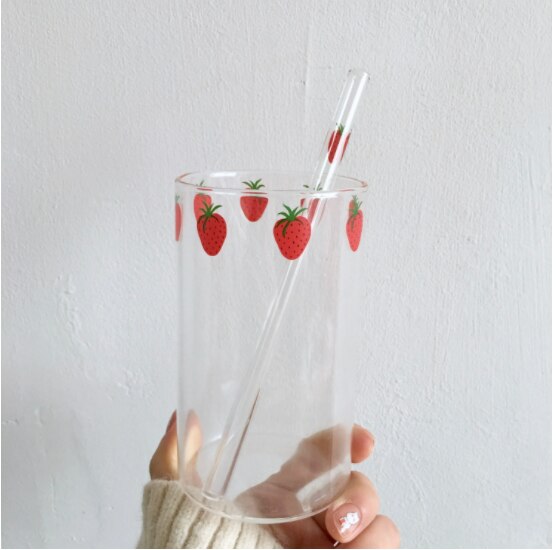 300ml 10oz High Borosilicate Nana Transparent Water Cup Cute Strawberry Water Milk Drinking Glasses Cup with Straw Girl: 01cup with 1 straw