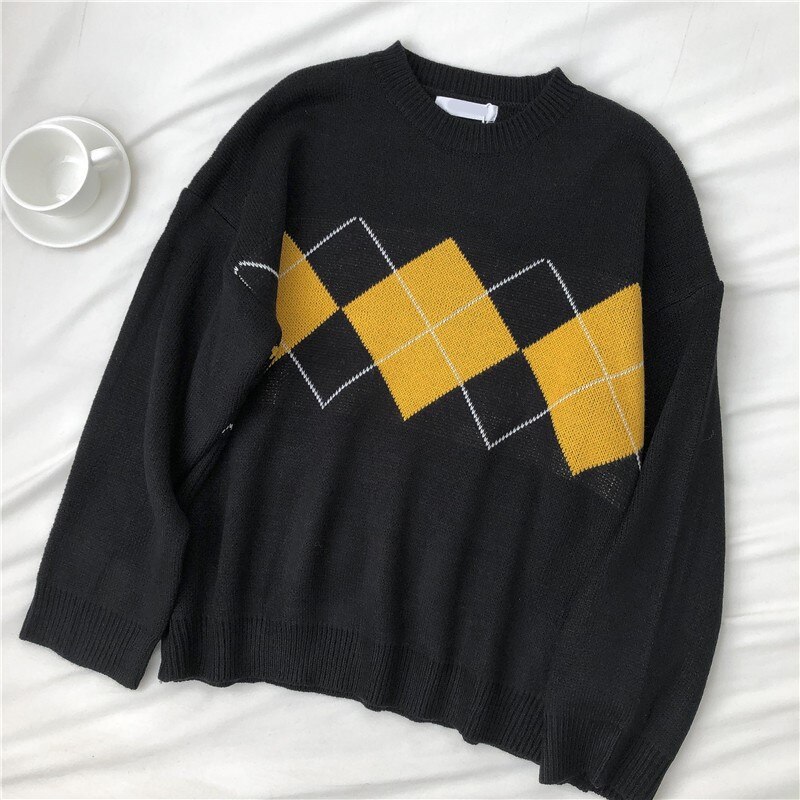 Gebreide Trui Vrouwen Argyle Oversize Truien Koreaanse Truien Dames Winter Losse Truien Vrouwelijke Casual Jumper Ropa De Mujer