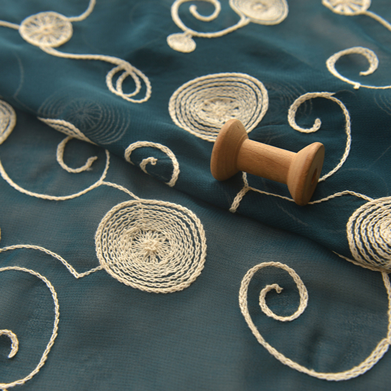 Dark green Chiffon tissu Rice white melon and rattan circle embroidery fabric High end clothing dress DIY fabrics