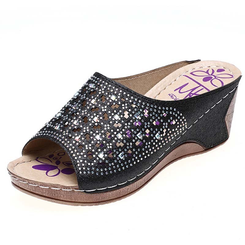 Zomer Vrouwen Wedge Sandalen Premium Bling Bling Open Teen Sandalen Vintage Anti-Slip Lederen Casual Vrouwelijke Platform Schoenen: Black / 41
