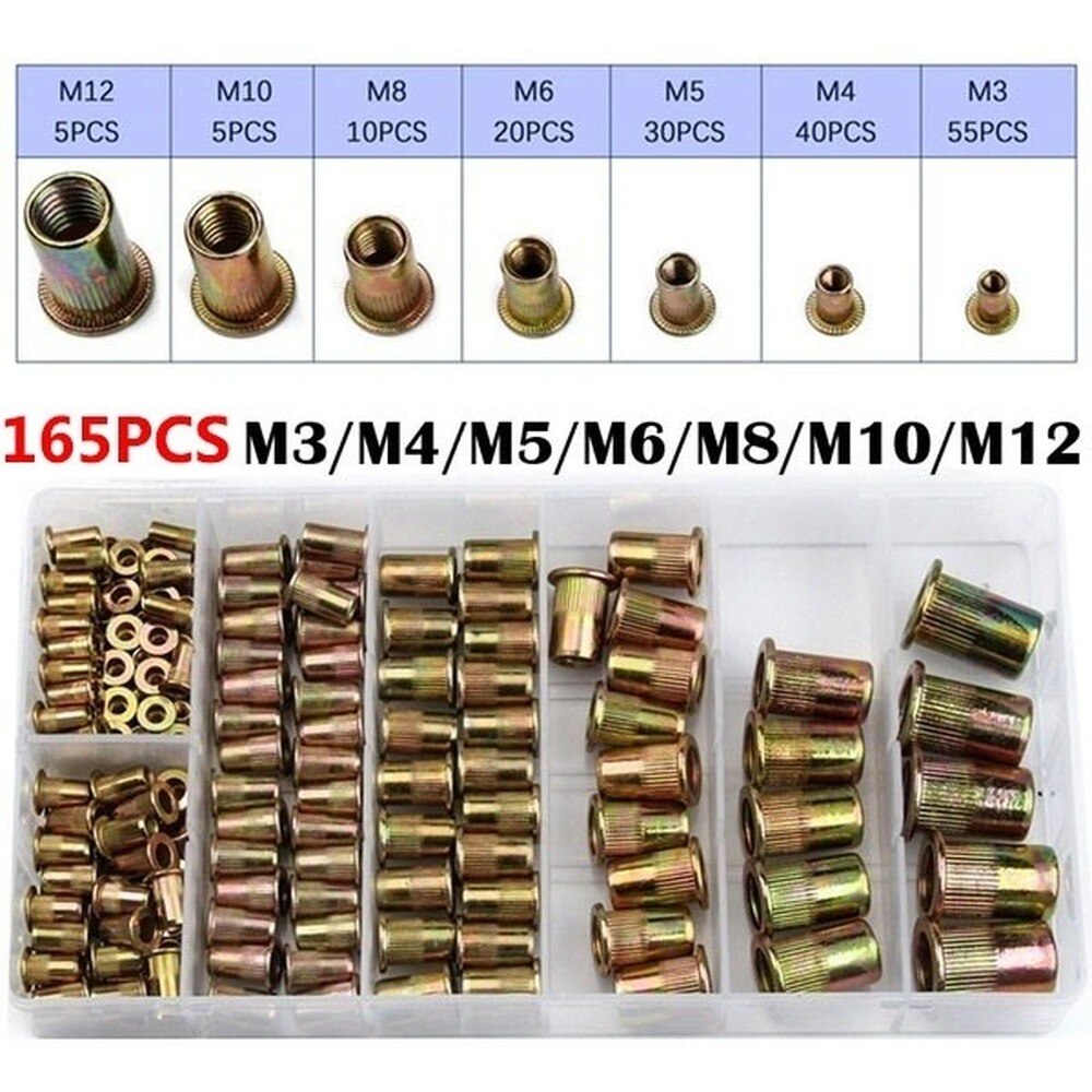 Tuercas de remache de cabeza plana de acero al carbono, tornillos de Nutsert M3, M4, M5, M6, M8, M10, M12, piezas de Hardware de varios tamaños, 165 Uds.