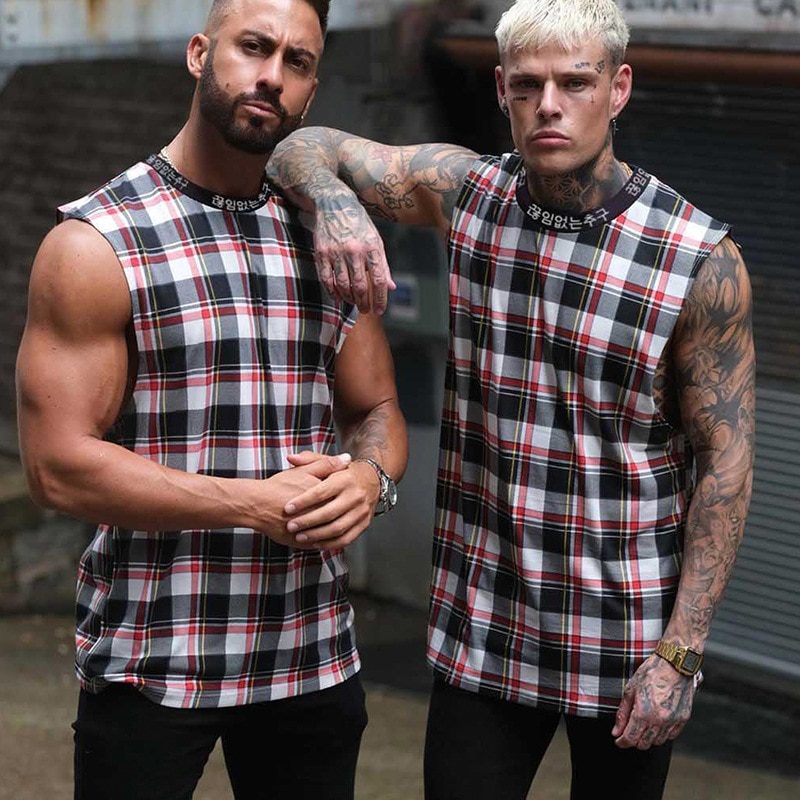 Linne för män hip hop streetwear rutig skjorta ärmlös topp med hög hals t-shirt stringer linne bodybuilding