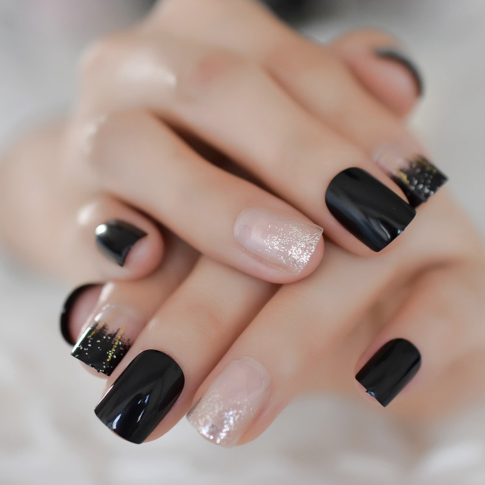 Daily False Nails with Glitter Normal Shape Black Clear Mix Artificial Nails Short Squoval Manicure Tips 24