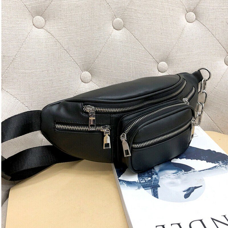 Newest Style Men Women PU Waist Bags Chain Black Solid Fanny Pack Travel Belt Purse Shoulder Bags Tote Waist Bag: A