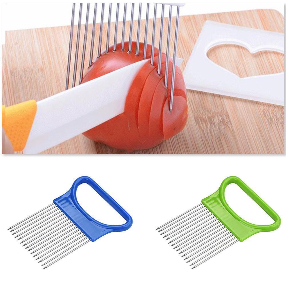 1PC de acero agujas para cebolla tenedor para cebolla verduras fruta máquina de cortar tomate corte seguro Tenedor de ayuda accesorios de cocina