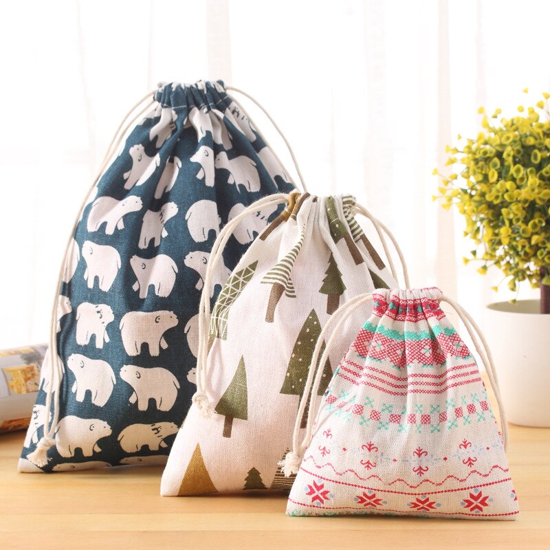 Handmade Cotton Linen Women Drawstring Bags Casual Cartoon Print Travel Home Storage Bag Environmental Reusable Fabric Pouch Bag