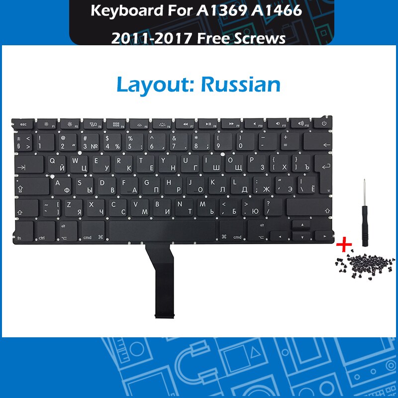 Laptop A1369 A1466 US UK Russian German French Spanish Portuguese Keyboard For Macbook Air 13&quot; Keyboards Free Screws