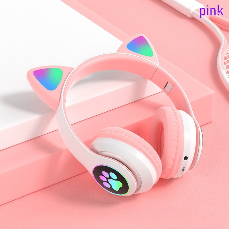 Flashing LED Cute Cat Ears Headphones Bluetooth Wireless Headset with Mic TF FM Kid Girl Stereo Music Earbud Kitten Earphon: 028-pink