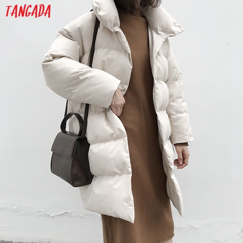 Tangada Vrouwen Solid Oversize Lange Parka Dikke Lange Mouw Knoppen Zakken Vrouwelijke Warme Winterjas Koreaanse Mode ATC02
