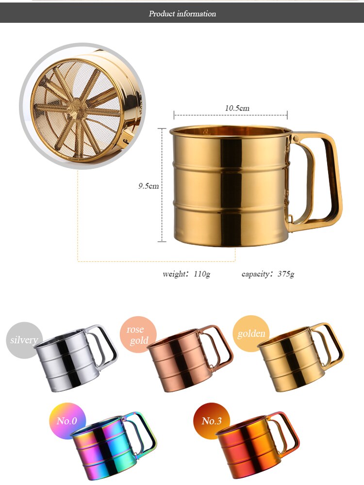 Goldene Manuelle Edelstahl Mehl Sieb Backen Gebäck Werkzeuge haltbar Backformen Zucker Shaker metall Gittergewebe Sieb tasse Küche Gerät
