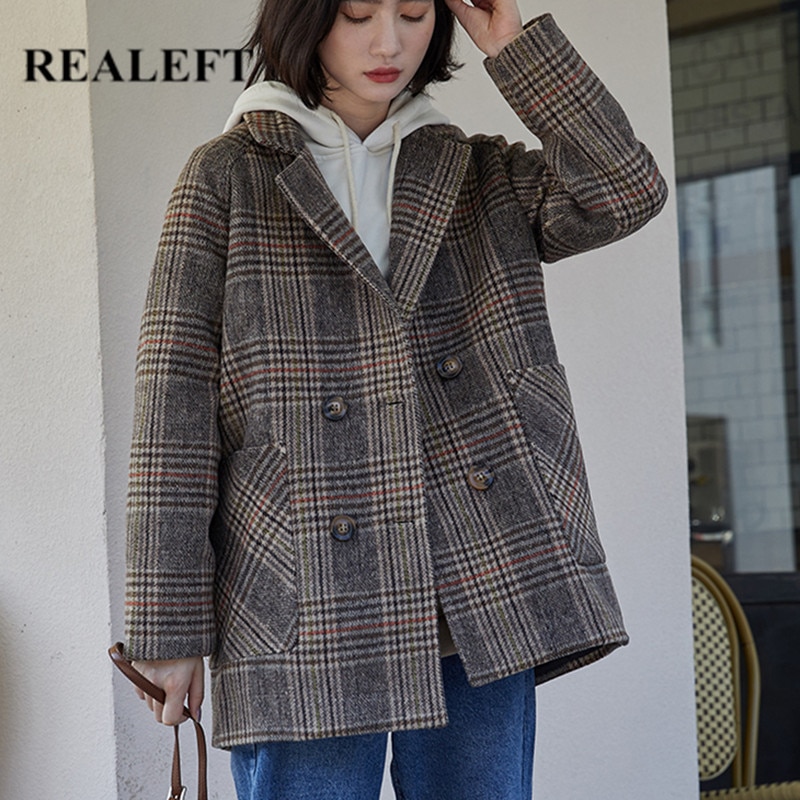 Realeft vintage dobbeltspent rutete ullblazer langermet turn down krage høst vinter kvinner frakk jakke kvinne