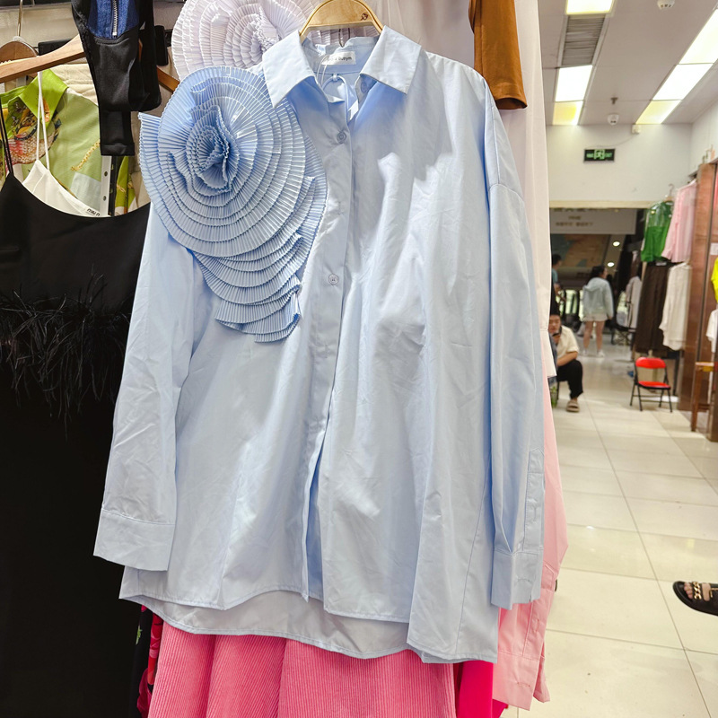 Bluse für Frauen 2025, Temperament, 3D-Blumenhemden, übergroße Spitzen, Langarm, Camisas De Mujer, modische weiße Freizeitblusen: L / Blau