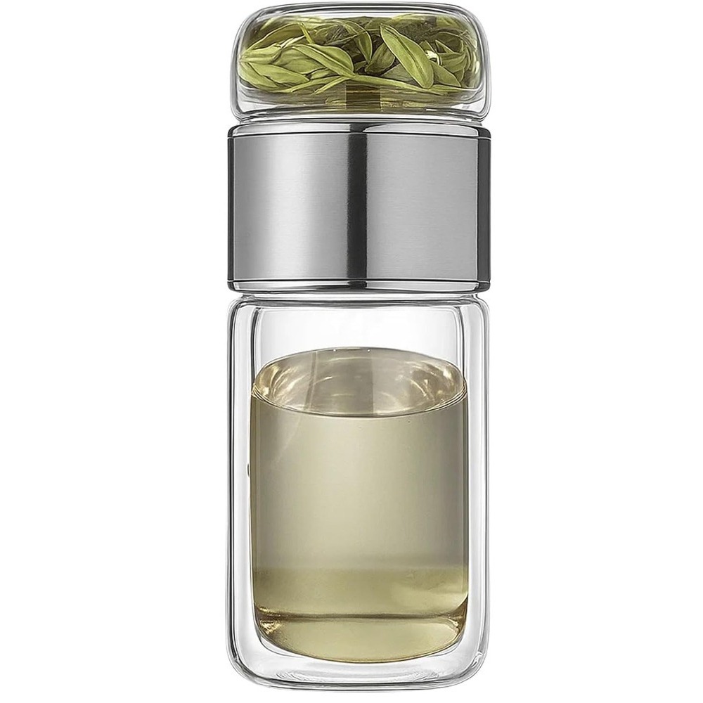 Drikkefontæne 420ml teflasker højt borosilikatglas dobbeltlags tekop teinfuser glasvandflaske med tefilter: Lyserød