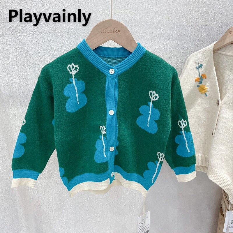 Suéter de estilo coreano para niños y niñas, cárdigan de punto de manga larga con dibujos animados, ropa de chico E2176, color verde, , Otoño,