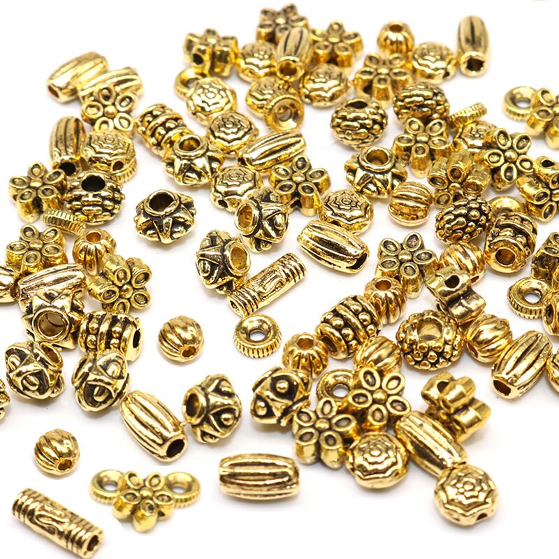 100pcs Mixed Style Vintage Silver plated Beads Metal Tibetan Silver color Spacer Beads DIY Beads for Jewelry Findings: gold color