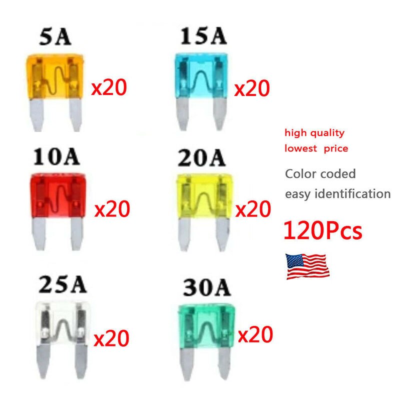 120Pcs Profiel Mini Kleine Size Blade Auto Fuse Assortiment Set Voor Auto Truck 5/10/15/20/25/30A Zekering Met Plastic Doos