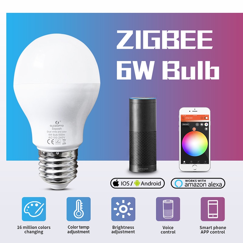 Gledopto led 6w rgb+cct led pære zigbee smart led pære  e27 ac100-240v ww/cw rgb led pære dimbar lys dobbel hvit og farge