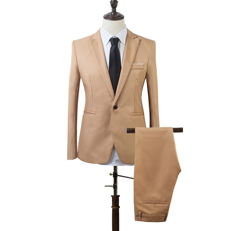 2 PCS Men Slim Fit Formal Business Tuxedos Suit Coat Pants Party Wedding Prom MUG88: Khaki / M