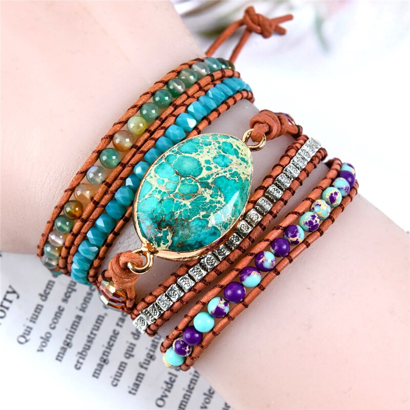 High End Vrouwen Armbanden Vergulde Natural Stones Vintage Lederen Wrap Armband Meisje Strand Armbanden Femme