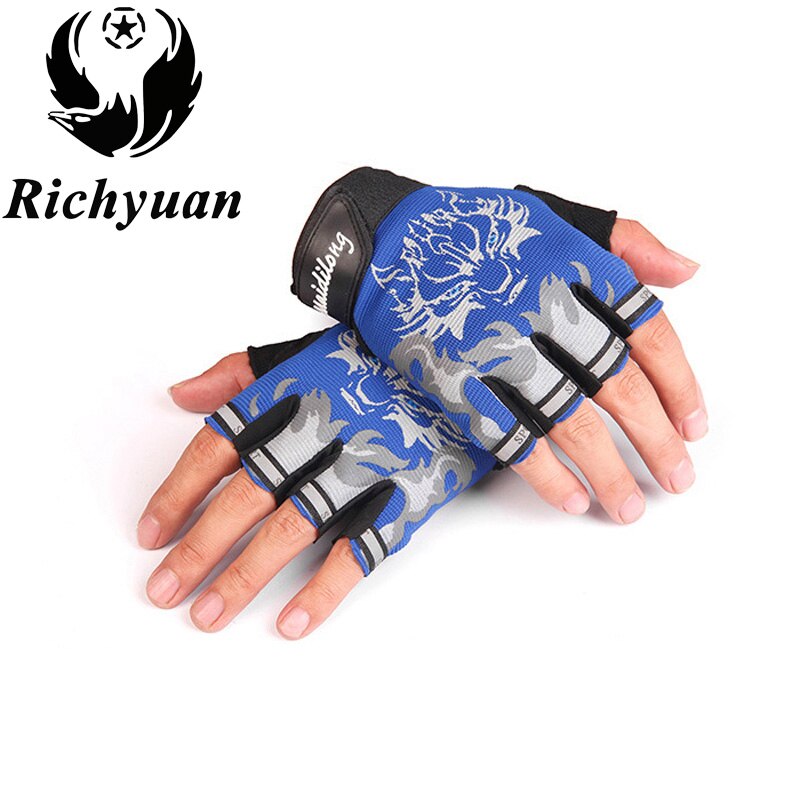 Sport Gloves for Kids Semi-finger Wolf Print Glove Children Mittens Anti-slip Boys Girl Fingerless Gloves for 6-12 Years Kid: blue