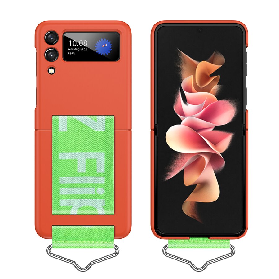 Case for Samsung Galaxy Z Flip 3 5G Zflip3 Hand Strap Phone Case Silicone Shockproof Protective Cover with Ring for Z Flip3 Z3: D132-B-Orange