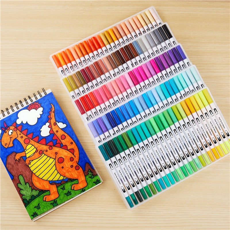 100 farger dobbel spiss kunst tusj penner akvarell tusjer penn tegning fine liner maleri pensel skoleutstyr 04350