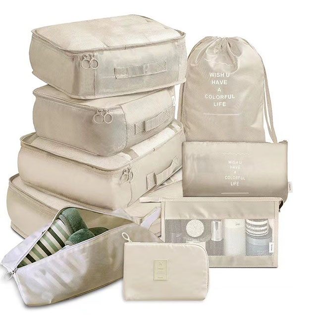 8/9 -delat set packkuber för resor vattentäta kläder underkläder skor toalettartiklar organizer prydlig påse reseförvaringsväska: Beige