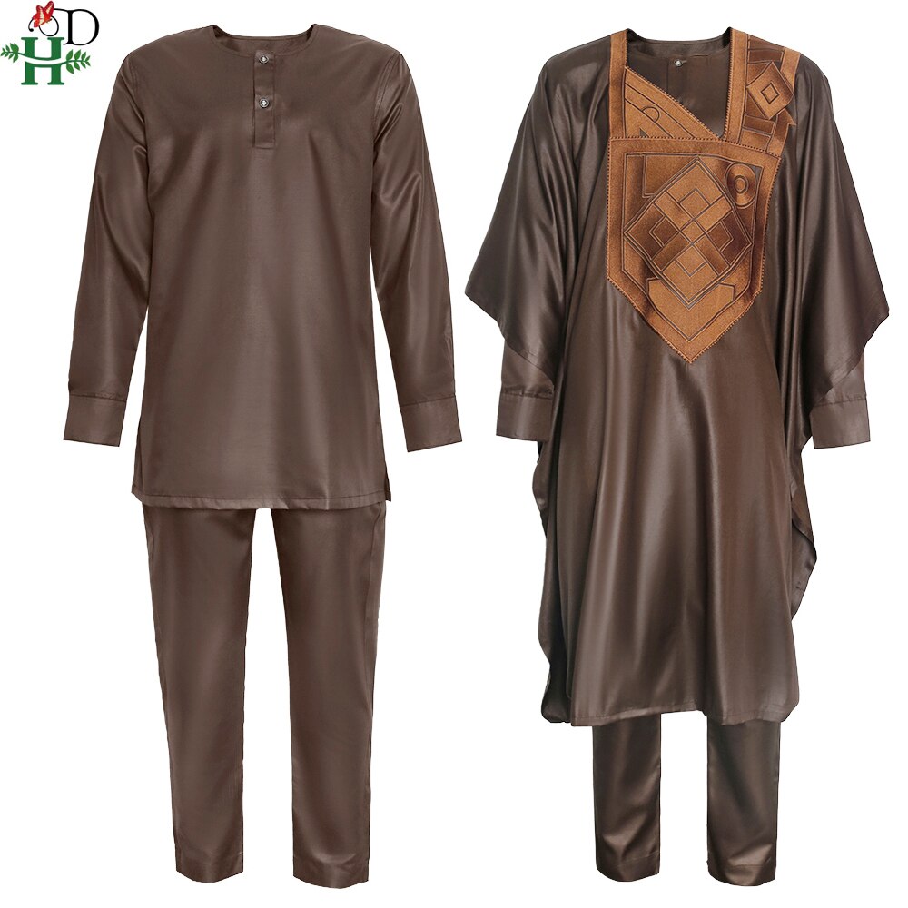 H & d afrikansk traditionel formel agbada mænd dashiki 3 stk jakkesæt kjole skjorte bukser sæt broderi brunt tøj bryllup outfit