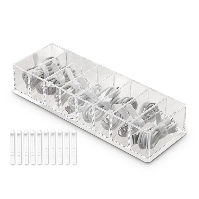 Cable Management Box with Lid and 10 Wire Ties Portable Clear Power Cord Organizer with 8 Compartments Electronics Organizer