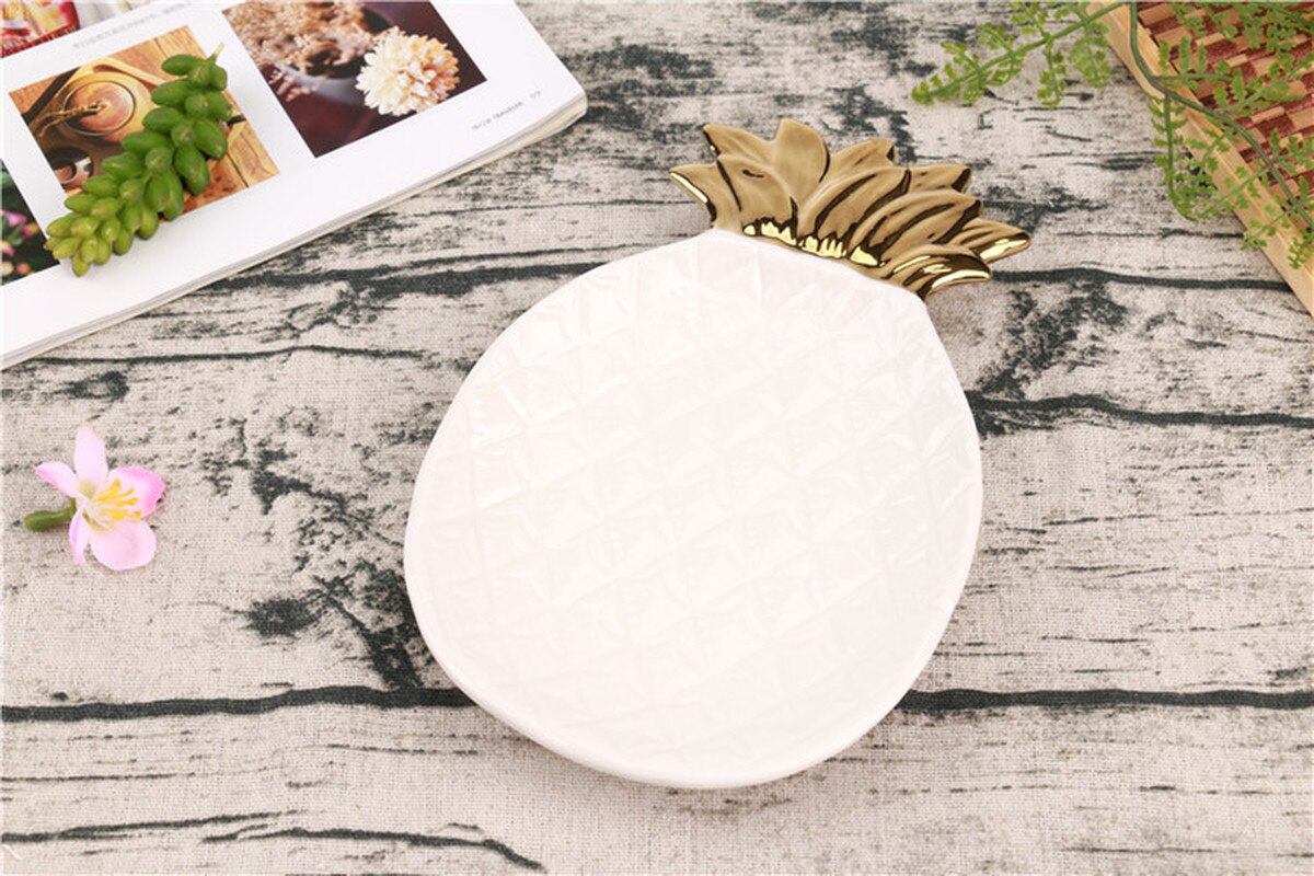 Placa de cerámica para Piña dorada Enipate, plato de joyería, plato de porcelana con hoja, almacenamiento de cosméticos, postres, aperitivo, plato, decoración del hogar
