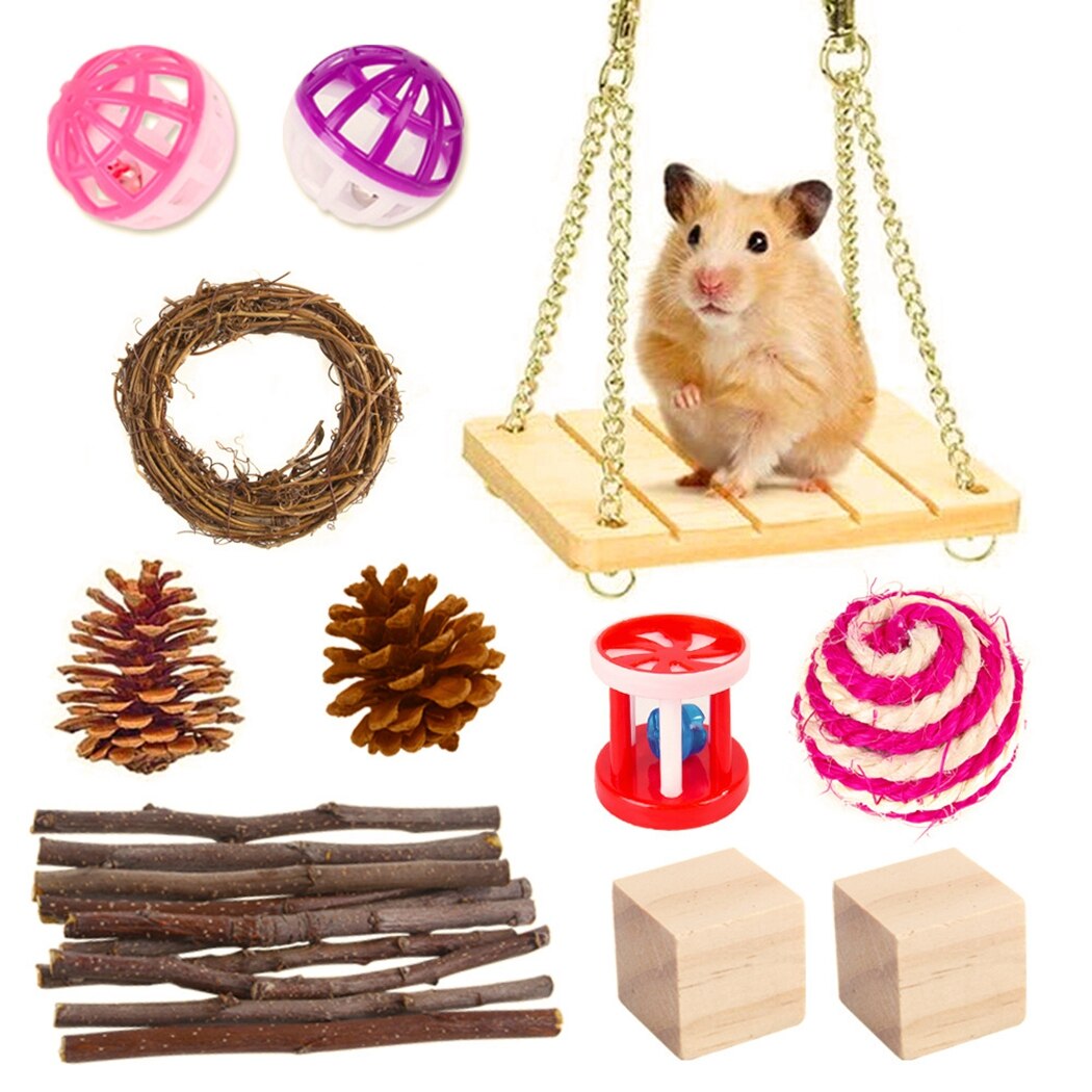11Pcs Pet Hamster Natural Wooden Toys Chinchilla Cage Accessories Rabbit Wooden Toys Hamster Chew Toy Interactive Hamster Toy