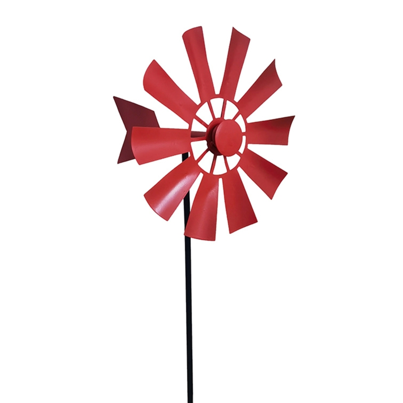 Wrought Iron Rotating Windmill Metal Wind Spinner Landscape Ornament for Outdoor Courtyard Yard Lawn Pinwheel Decor Supplies: Red