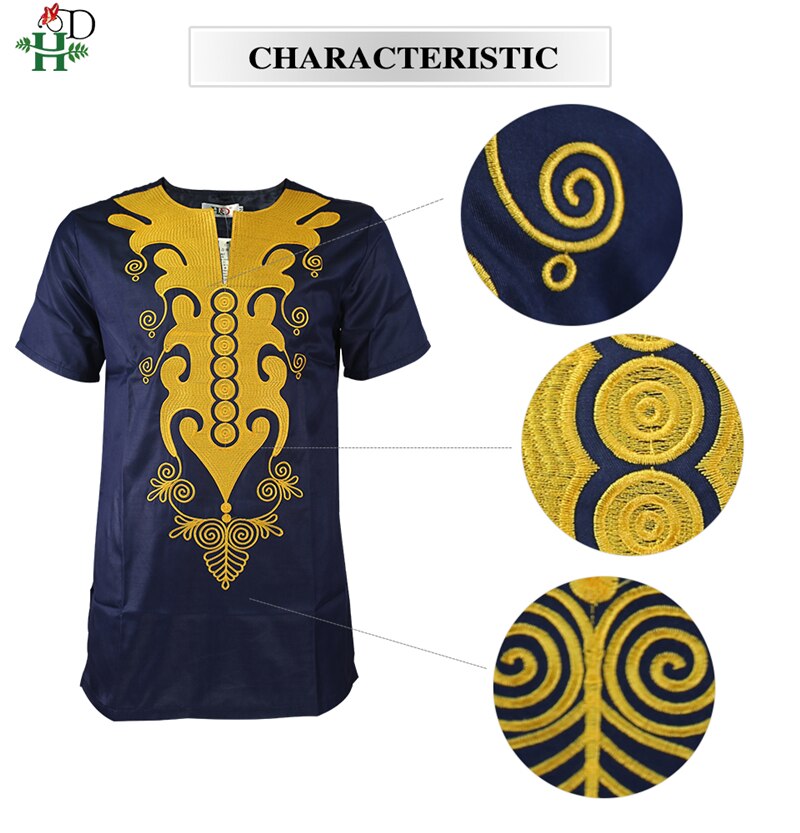 H&D african dashiki t shirt for men short sleeve men's shirts traditional african embroidered tops gold dark blue clothes