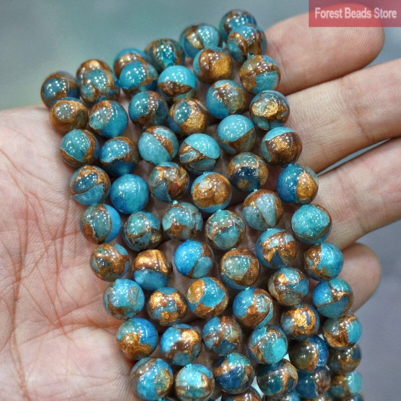 Natuurlijke Gouden Streep Meer Blauw Cloisonne Stone Ronde Kralen Diy Armband Ketting Voor Sieraden Maken 15 "Strand 4 6 8 10 12Mm