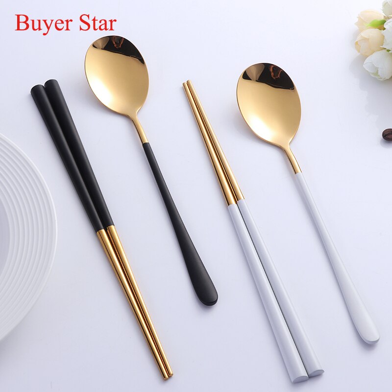 2pcs/lot Gold Chopsticks Spoon 304 Stainless Steel Korean Reusable Black White Hashi Sushi Sticks Kitchen Accessories