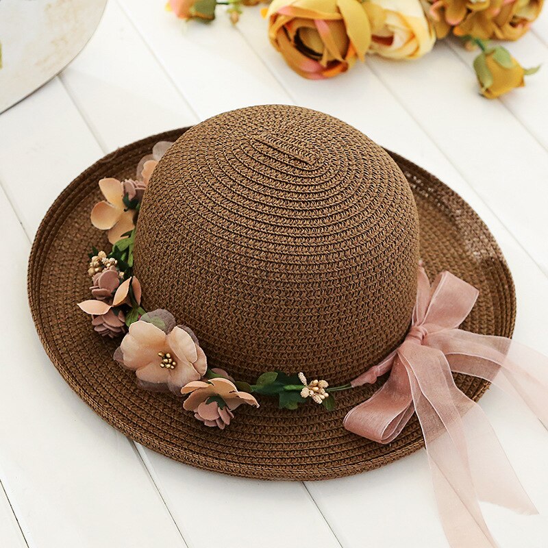 HSS Novo Guirlanda de flores Chapéus De Palha Senhora praia verão Chapéu chapéu de Sol Das Mulheres 2018 Moda Viagem Arco Chapéus: Coffee