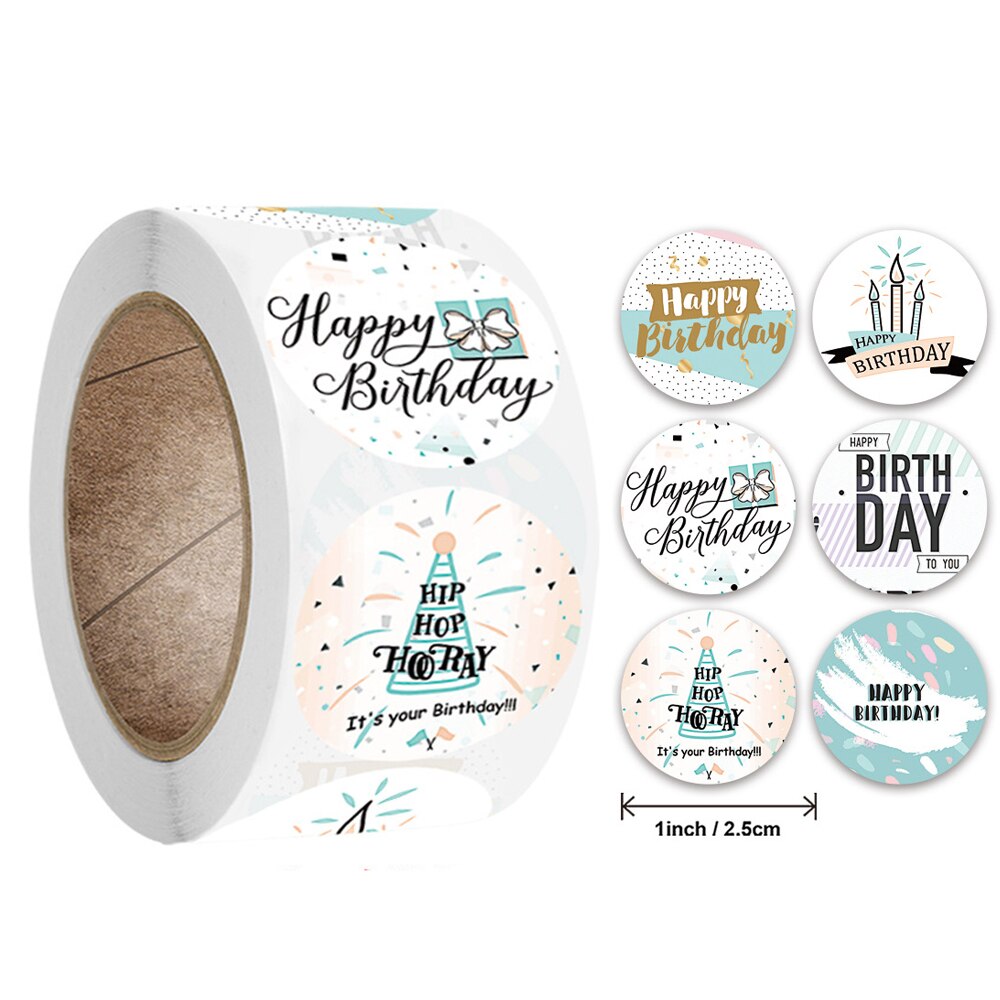 Pegatinas de feliz cumpleaños para niños, 100-500 piezas, 2,5 cm/1 pulgada, decoraciones de sellado, etiquetas para tarjetas de felicitación