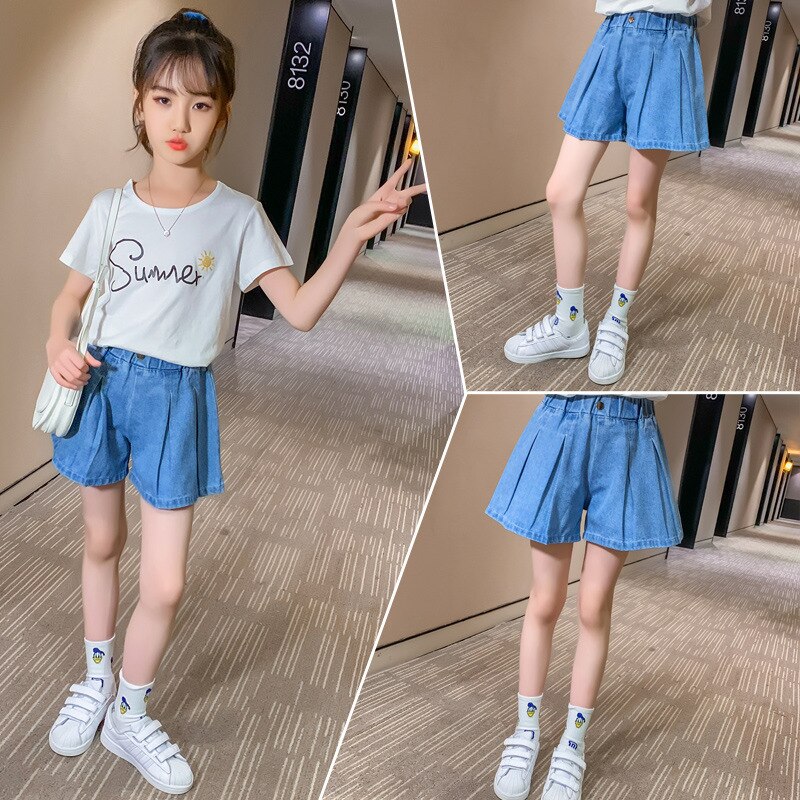 2021 pantaloncini da bambina a pieghe vita elastica pantaloncini di Jeans per bambini abbigliamento estivo per bambini 3 4 6 8 10 12 14 anni gonna-pantaloni da ragazza